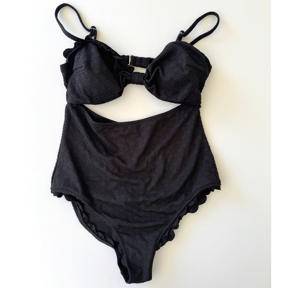NWT Cupshe One Piece Swimsuit Size Large Black High Waist Ruffles Boho Chic